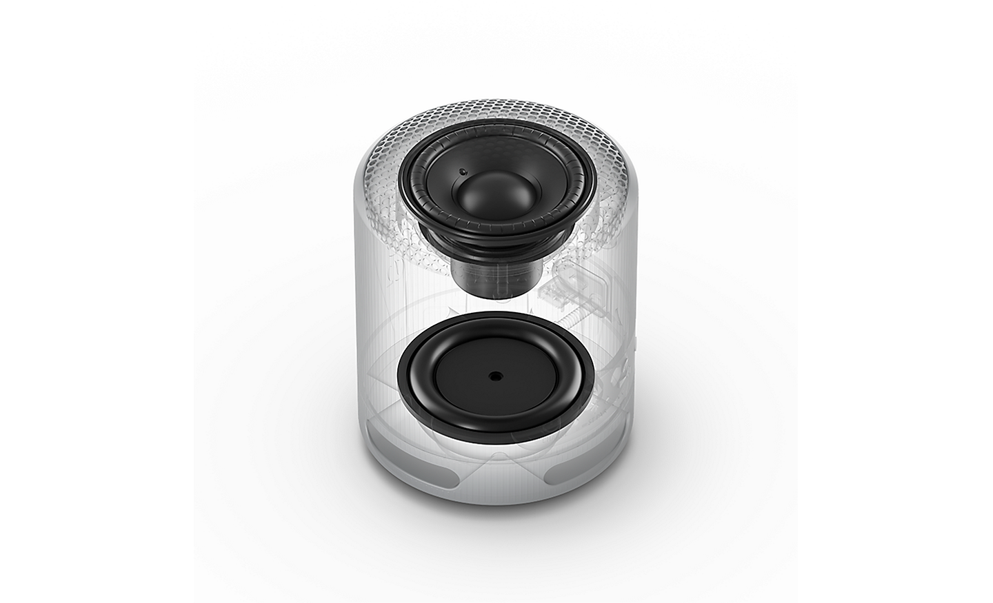 Image of the passive radiator and full-range speaker from the inside of the SRS-XB100 wireless speaker
