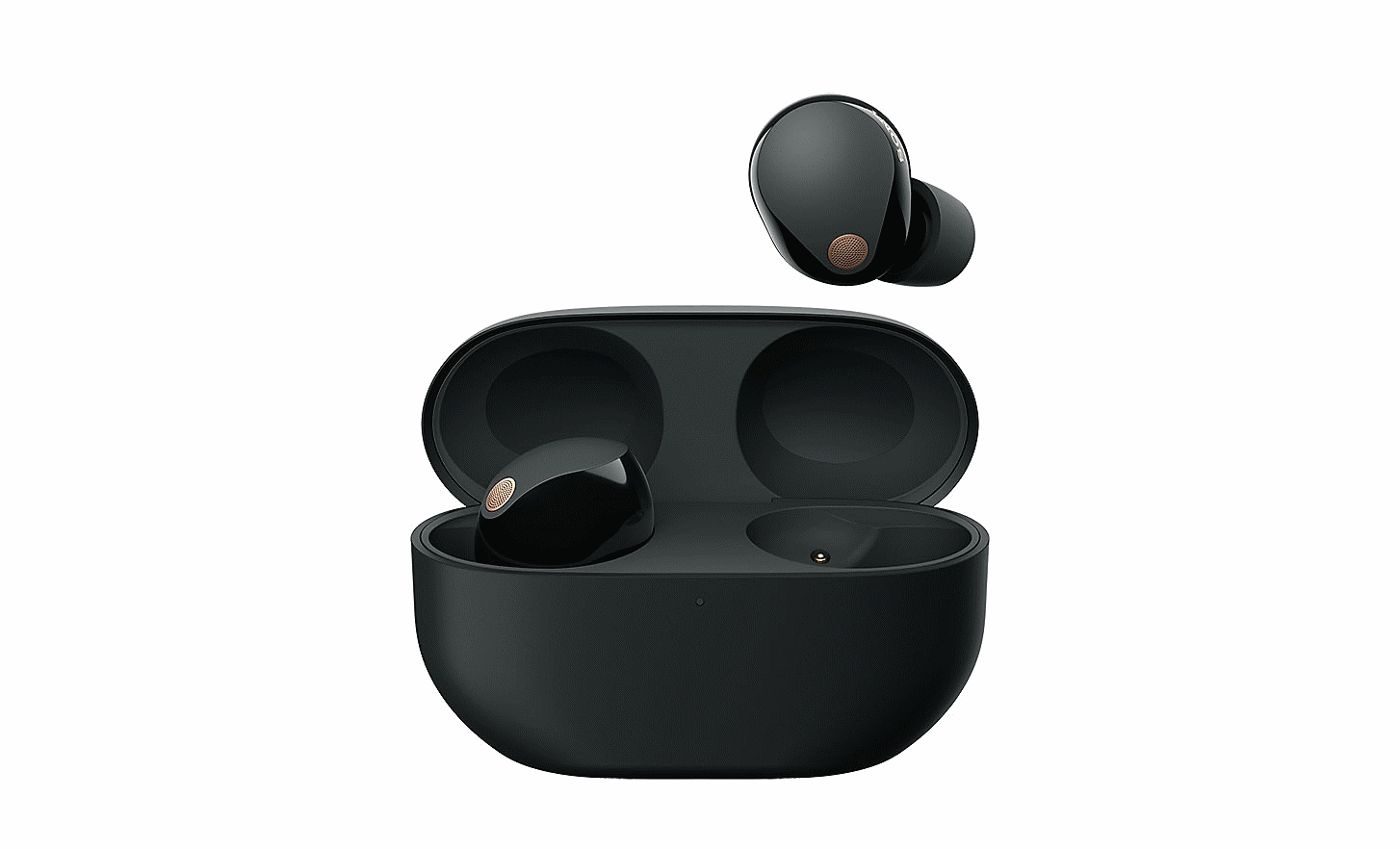 Image of the WF-1000XM5 headphones inside their case with the lid open with one headphone floating above the case