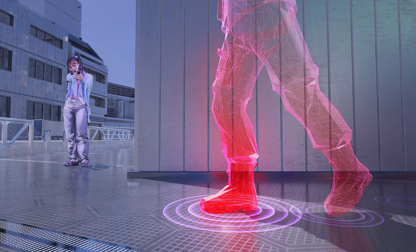 Une personne tenant un pistolet en plastique dans un jeu vidéo vise un modèle 3D avec des anneaux autour du pied représentant le son