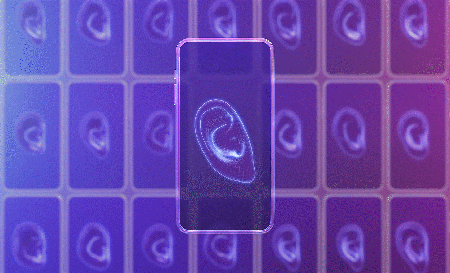 Image d'un smartphone avec une oreille affichée à l'écran et différentes formes et tailles d'oreilles en arrière-plan