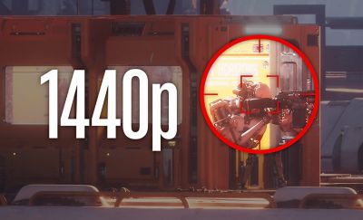 Die Spielgrafik mit einer Figur im Zielfernrohr und dem Text 1440p auf der linken Seite der Grafik