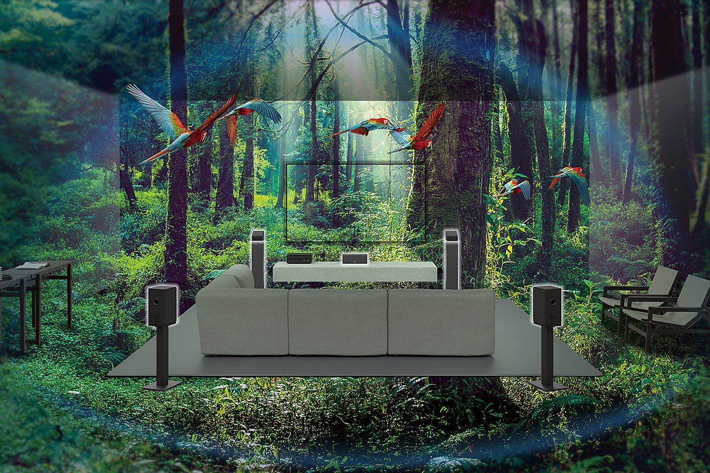 Image of a sofa, TV and speakers in the middle of a forest with parrots flying around