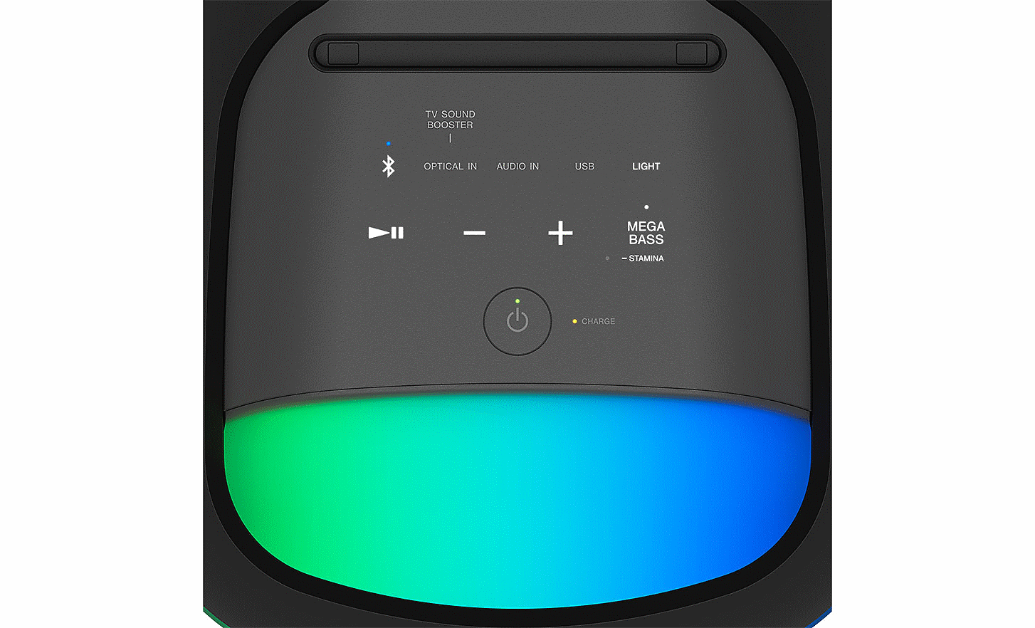 Gambar close up panel kontrol SRS-XV800 dengan tombol bercahaya dan pencahayaan sekitar warna hijau dan biru