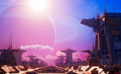 Eine Spielekarte, die Wolkenkratzer vor den leuchtenden Farben Rosa und Blau am Himmel zeigt.