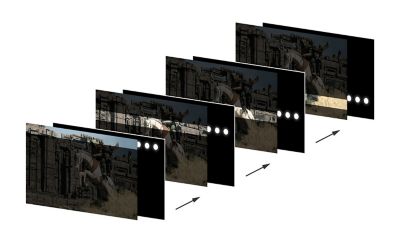 Obrazovka herního monitoru M9 II rozdělená na jednotlivé části demonstrující způsob dosažení sníženého rozmazání pohybu.