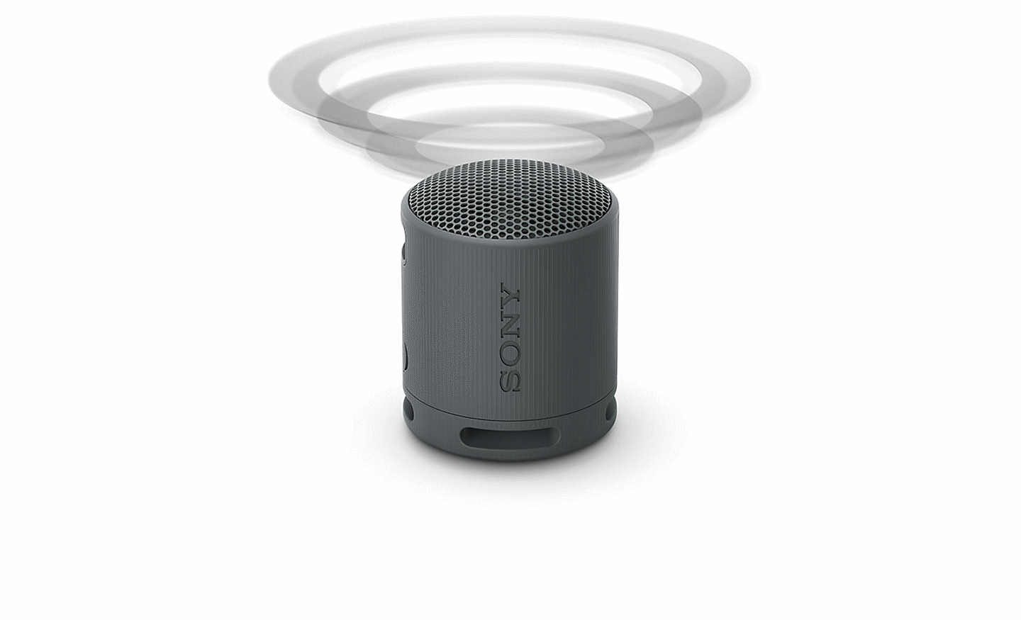 Image of the black SRS-XB100 speaker with grey sound waves emitting from the top