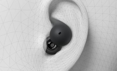 A geometric graphic illustration of a human ear with the LinkBuds Open inside, demonstrating their ergonomic fit.