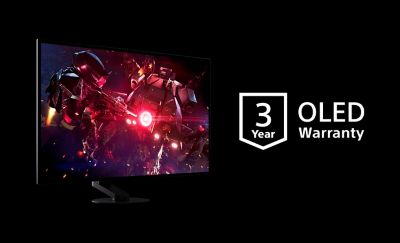 Οθόνη που δείχνει ένα παιχνίδι σε μαύρο φόντο. Το κείμενο γράφει "3 χρόνια" και "Εγγύηση OLED" με λευκό χρώμα