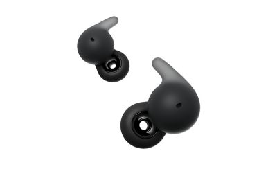 A pair of black LinkBuds Open earbuds.