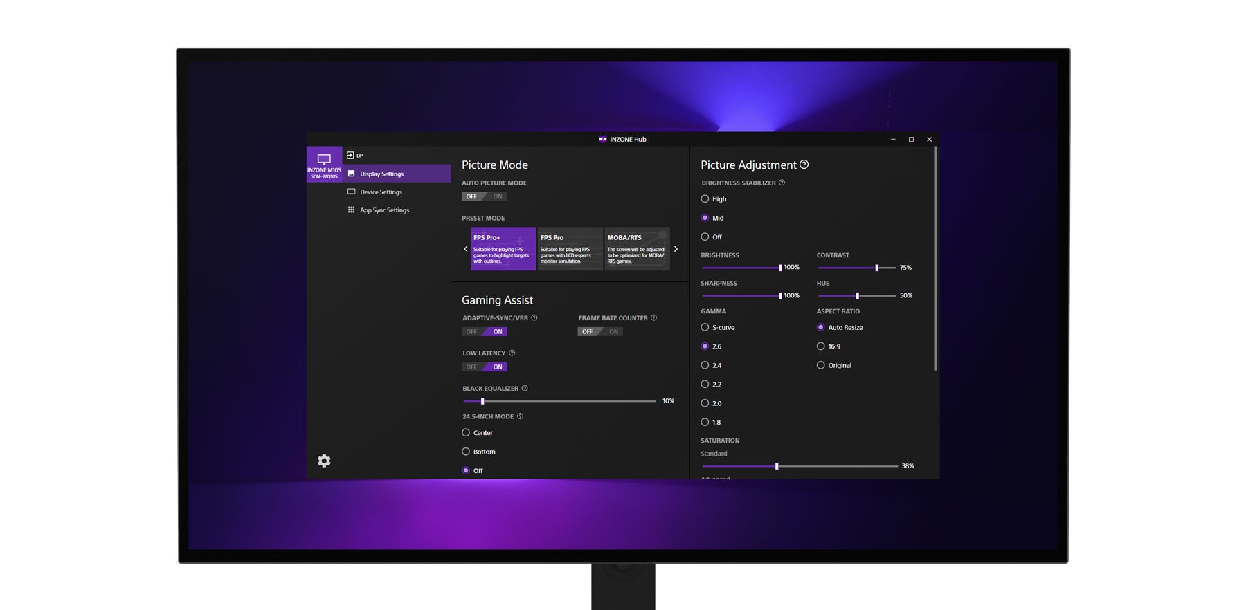 Sony INZONE Hub gaming display settings for INZONE M10S