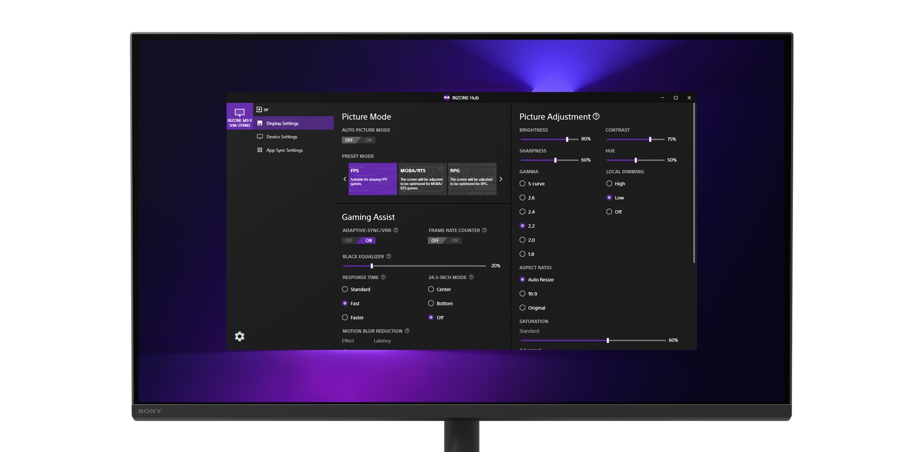 Sony INZONE Hub display settings for INZONE M9 II