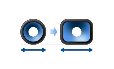 Image of a round speaker with a double ended arrow beneath next to a rectangular speaker with a longer arrow below