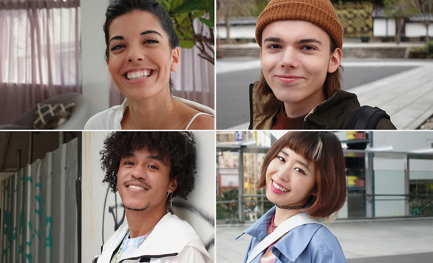 Portrætter af fire smilende personer