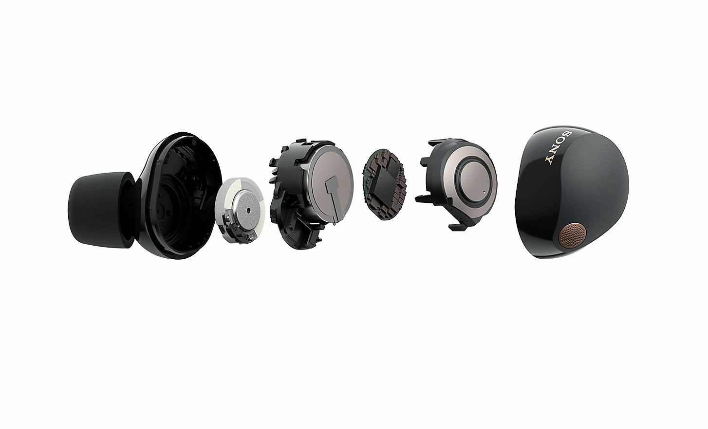 Slika slušalk WF-1000XM5 z notranjimi komponentami, ki so druga poleg druge razstavljene na posamezne kose