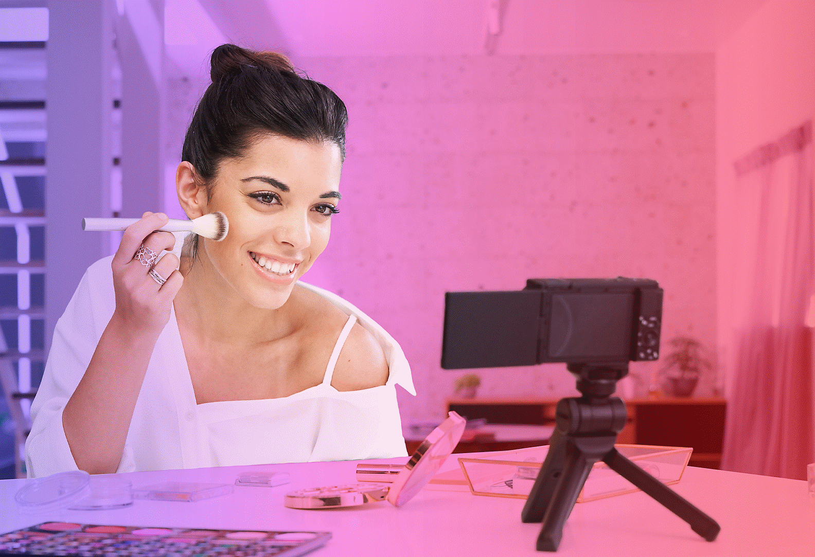 Selfie using a tripod during makeup.