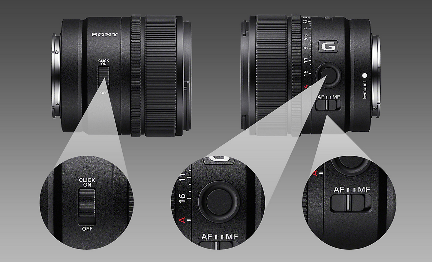 Product images of E 15mm F1.4 G, right side and left side