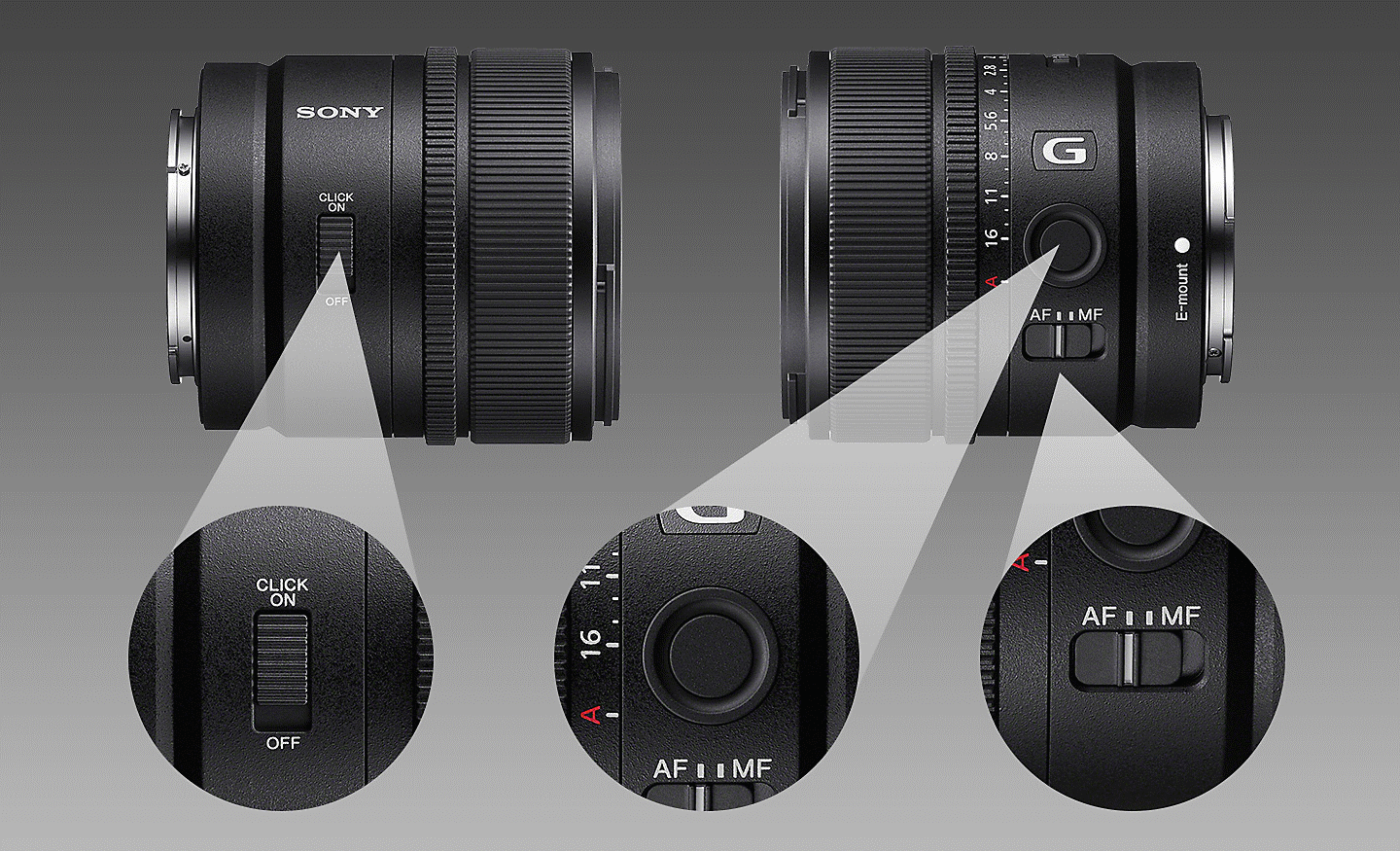 Images du produit E 15 mm F1.4 G, côté droit et côté gauche