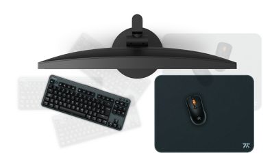 Produktový snímek nového herního monitoru M10S z ptačí perspektivy s myší a klávesnicí před monitorem.