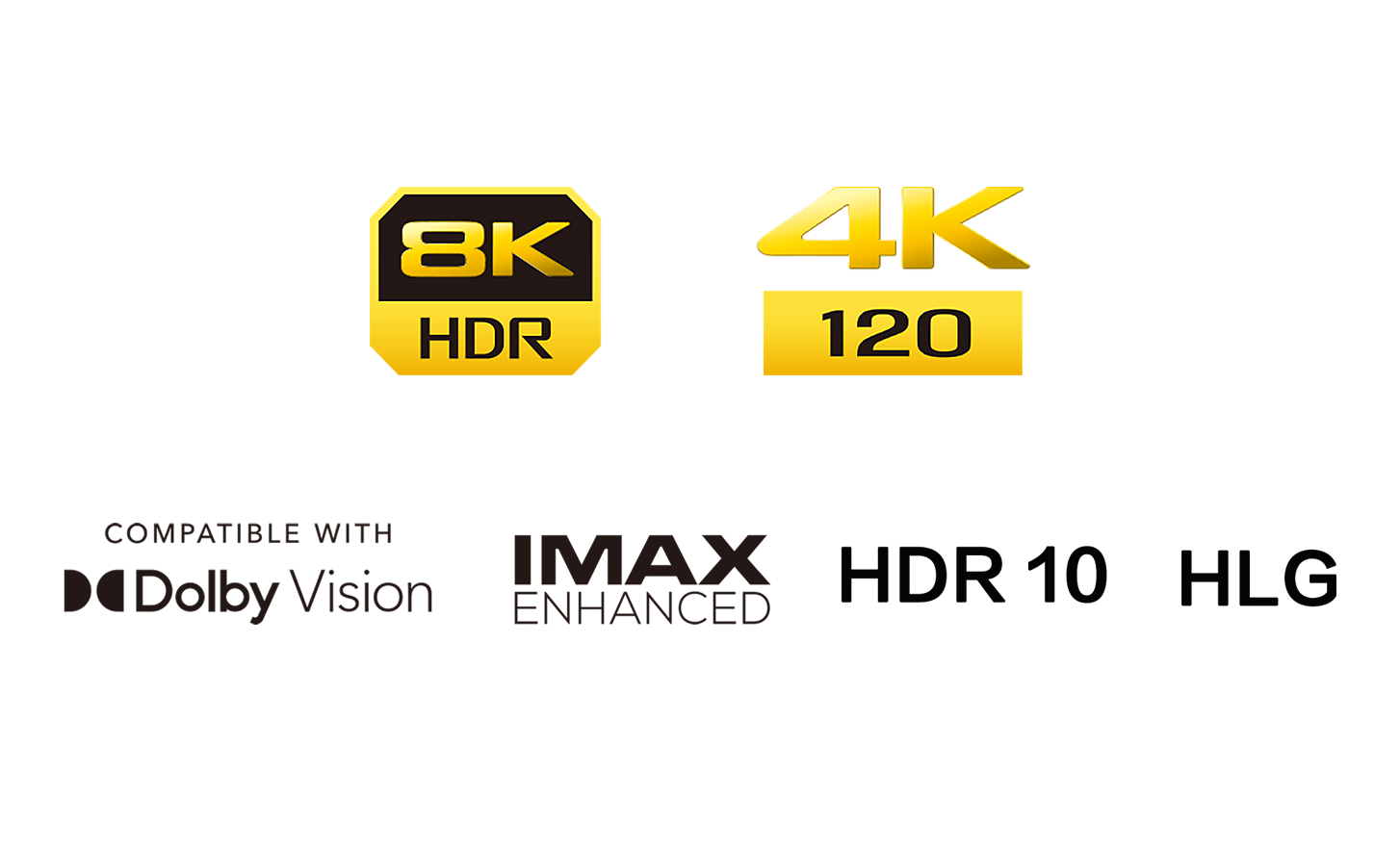 8K HDR logo, 4k 120 logo, Compatible with Dolby Vision logo, HDR 10 logo, IMAX Enhanced logo, HLG logo 