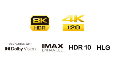 לוגו של 8K HDR, לוגו של 4k 120, לוגו של Compatible with Dolby Vision, לוגו של HDR 10, לוגו של IMAX Enhanced, לוגו של HLG
