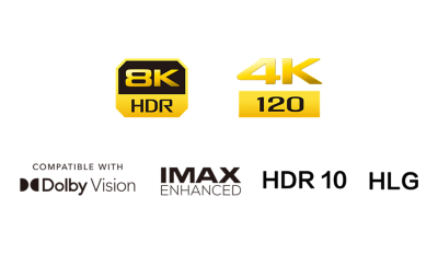 8K HDR logo, 4k 120 logo, Compatible with Dolby Vision logo, HDR 10 logo, IMAX Enhanced logo, HLG logo 