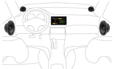 Line drawing of car interior that shows two dashboard speakers, two door speakers and the XAV-9000ES in the middle.