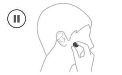 Illustration of a head, on the left there is a pause icon and a hand is removing the headphone from the ear