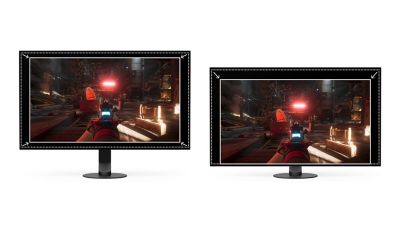 Der neue Gaming-Monitor M10S zeigt auf der einen Seite die zentrierte Position des Gaming-Displays und auf der anderen Seite die am unteren Bildschirmrand ausgerichtete Position des Gaming-Displays.