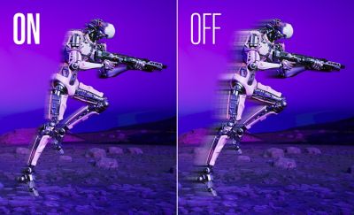 Δύο οθόνες που δείχνουν ένα ρομπότ να κρατά ένα όπλο σε ένα μπλε και μοβ φόντο ενός τοπίου. Το κείμενο γράφει "ON" και "OFF" με λευκό χρώμα.