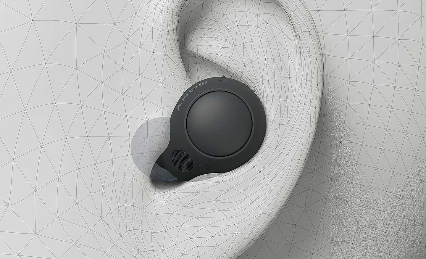 Image of a WF-C700N Wireless Noise Cancelling headphone in a computer-generated ear