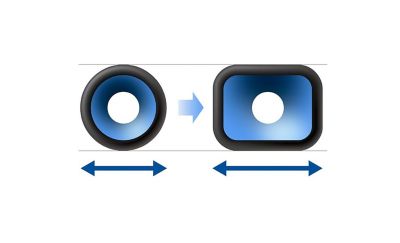 Image comparing a non-circular diaphragm to a circular one, showing that the former is wider by a larger double ended arrow