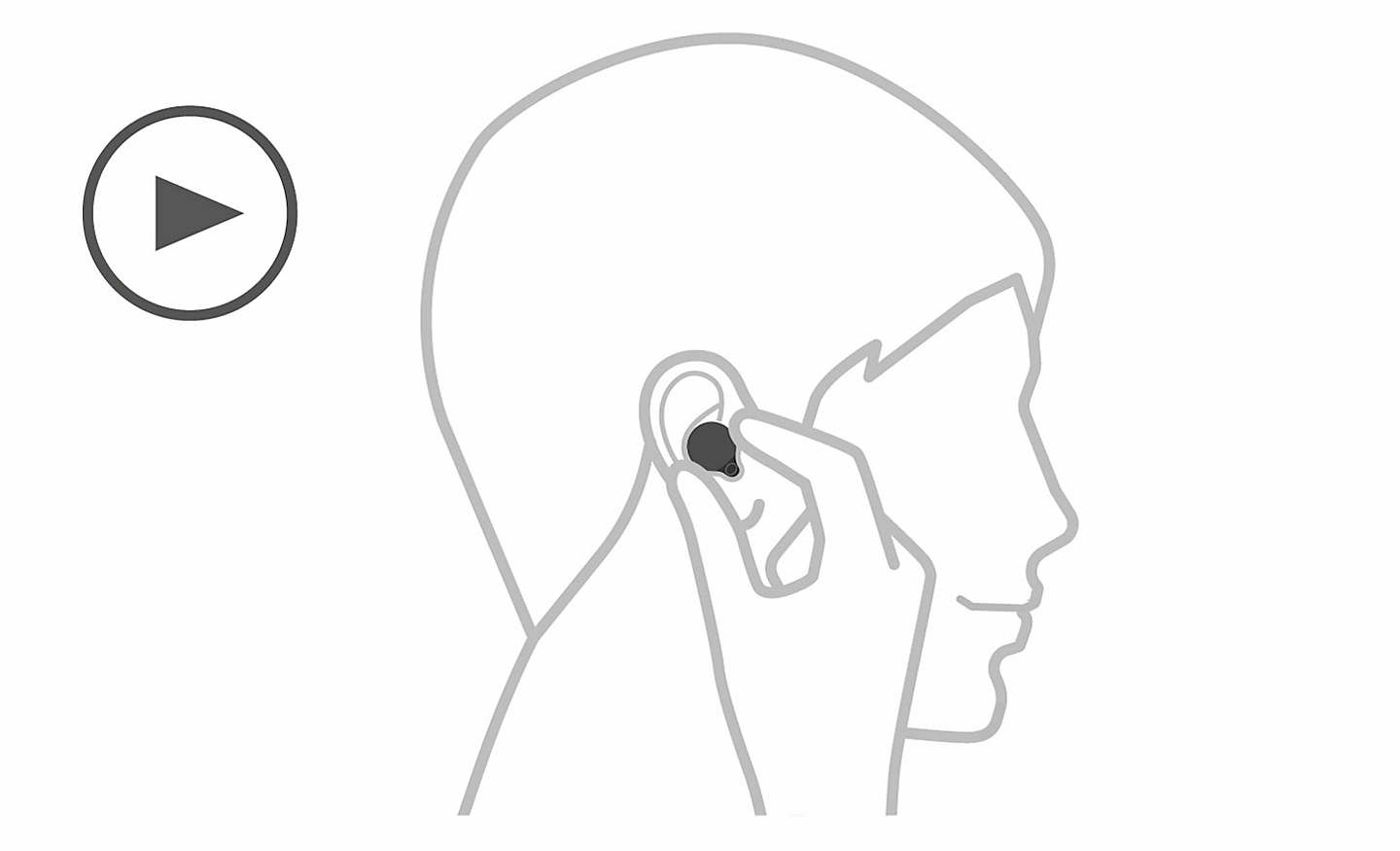 Illustration of a head, on the left there is a play icon and a hand is placing the headphone in the ear