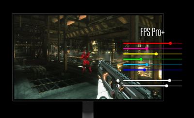 Der neue Gaming-Monitor M10S mit Ego-Shooter-Spielespaß auf dem Bildschirm. Auf der rechten Seite des Spiels finden Sie eine Aufschlüsselung der Einstellungen für den Modus FPS Pro+.