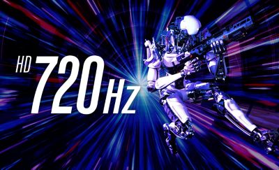 Ρομπότ που κρατάει όπλο σε πολύχρωμο φόντο. Το κείμενο γράφει "HD720Hz" με λευκό χρώμα