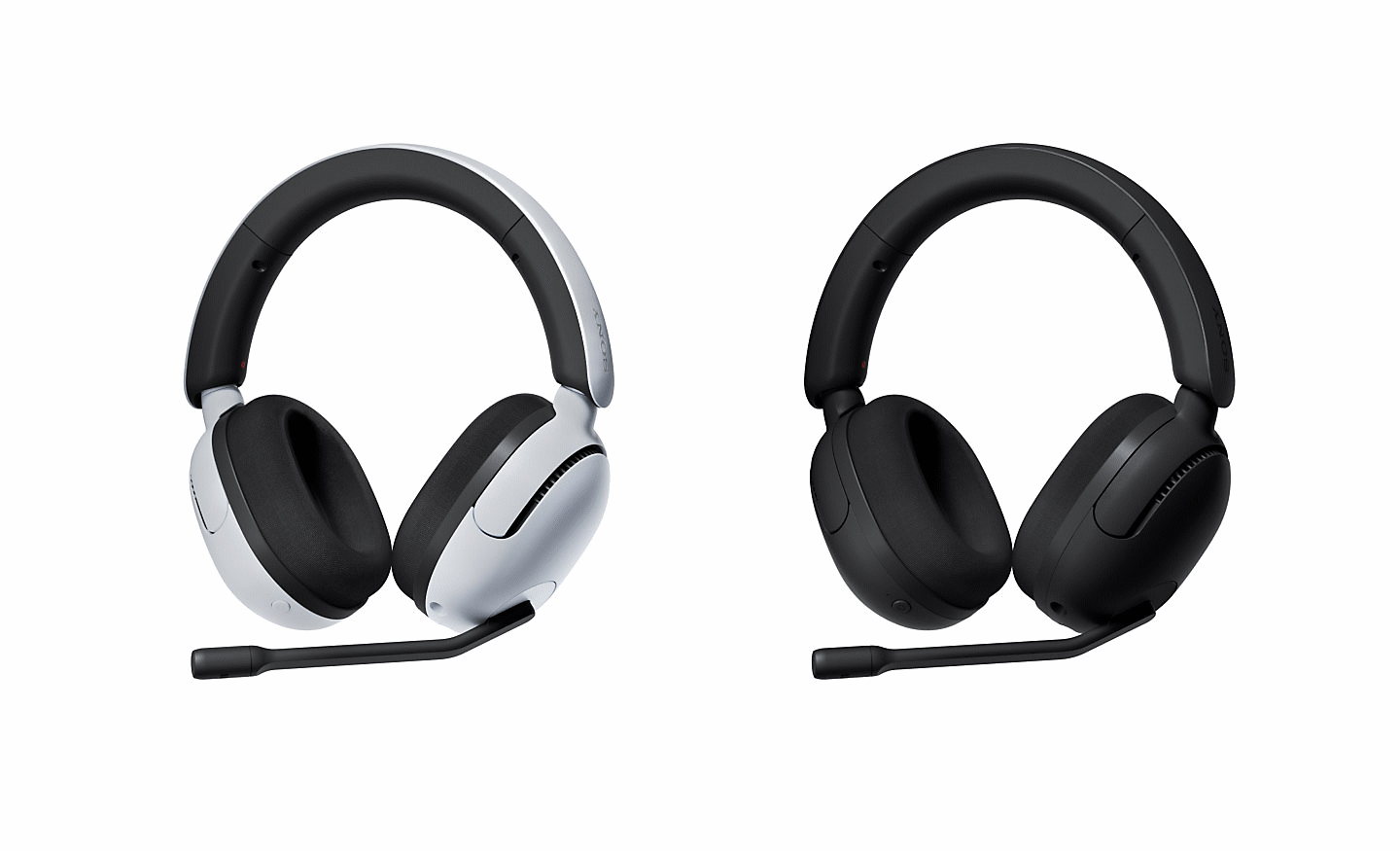 תמונה קדמית של שתי אוזניות INZONE H5, אחת בשחור ואחת בלבן