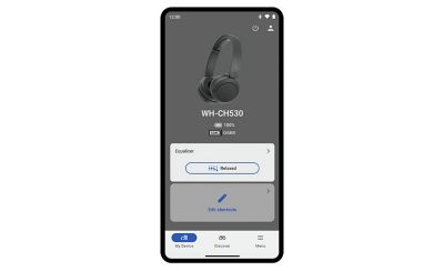 Obrazovka aplikace Sony Connect pro nastavení ekvalizéru sluchátek WH-CH530 se značkami LDAC a DSEE