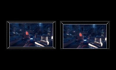 Δύο οθόνες που δείχνουν ένα παιχνίδι σε μαύρο φόντο