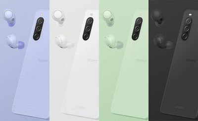 Line-up of Xperia 10 V models and matching WF-C700N noise cancelling headphones in Lavender, White, Sage Green, and Black
