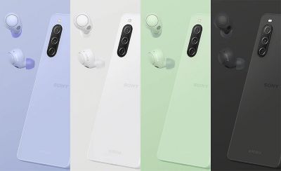 Line-up of Xperia™ 10 V models and matching WF-C700N noise-cancelling headphones in Lavender, White, Sage Green and Black