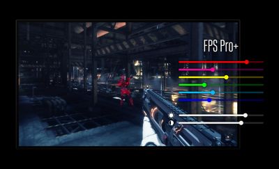 Σκηνή παιχνιδιού στην οθόνη με την ένδειξη "FPS Pro+" σε λευκό χρώμα και σε μαύρο φόντο