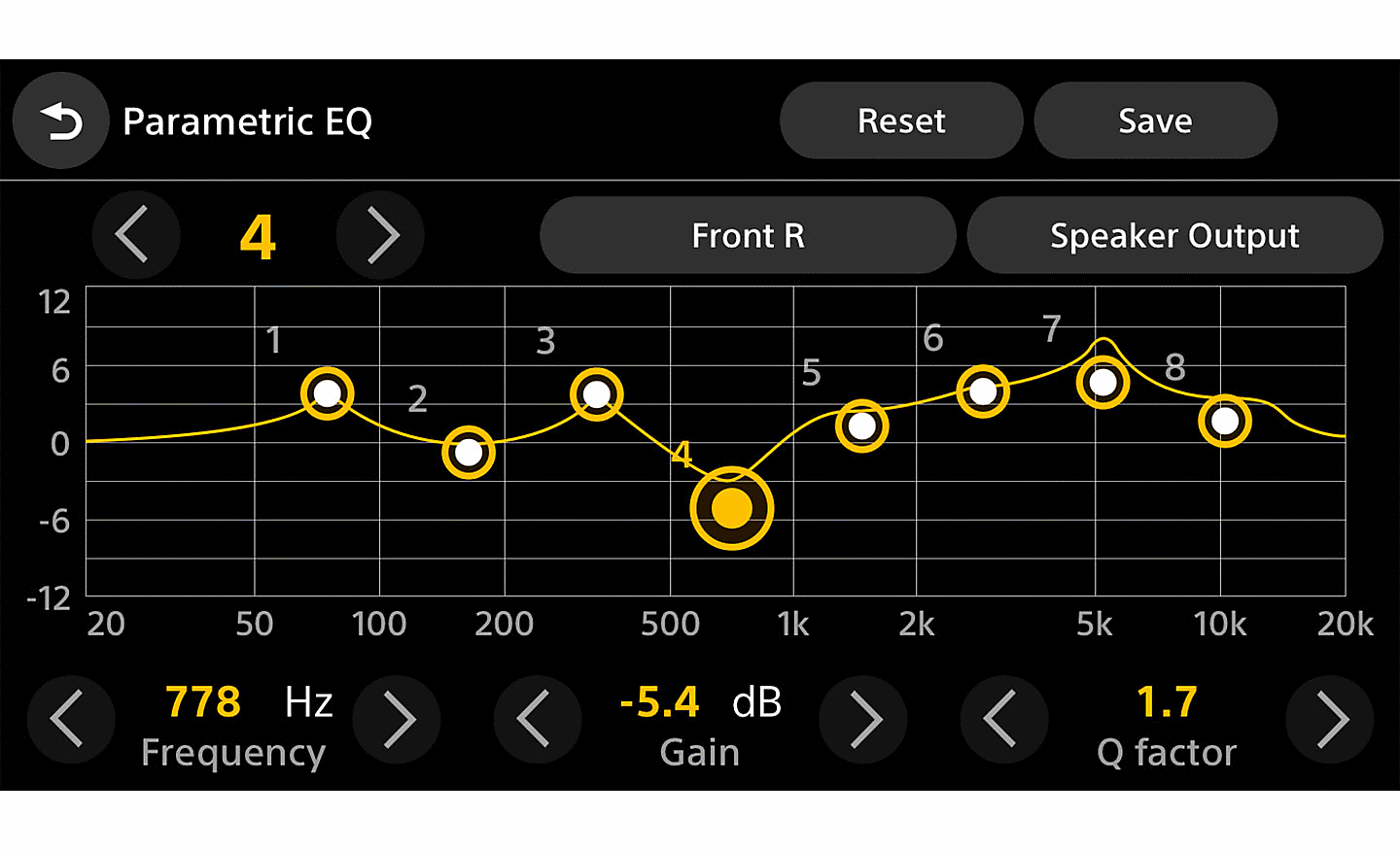 Sample user interface showing 8-band parametric EQ feature and available options.