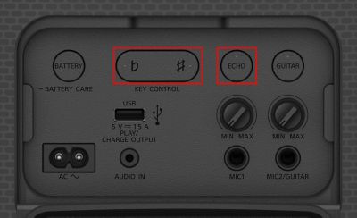 Close-up of the SRS-XV500 input and control panel with Echo and Key Controls highlighted