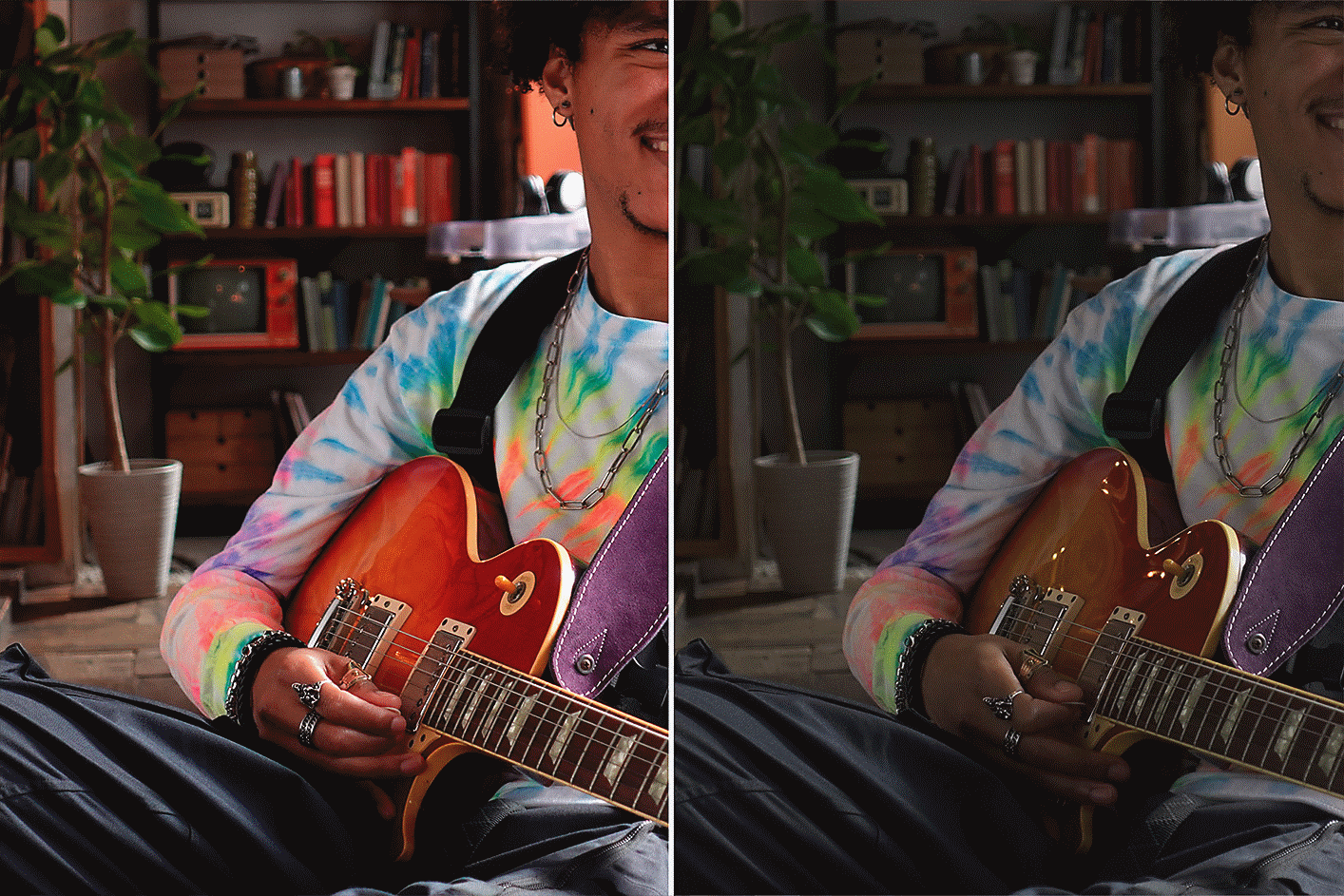 Hình ảnh một người đàn ông với cây đàn guitar So sánh hiệu ứng bên trái và bên phải
