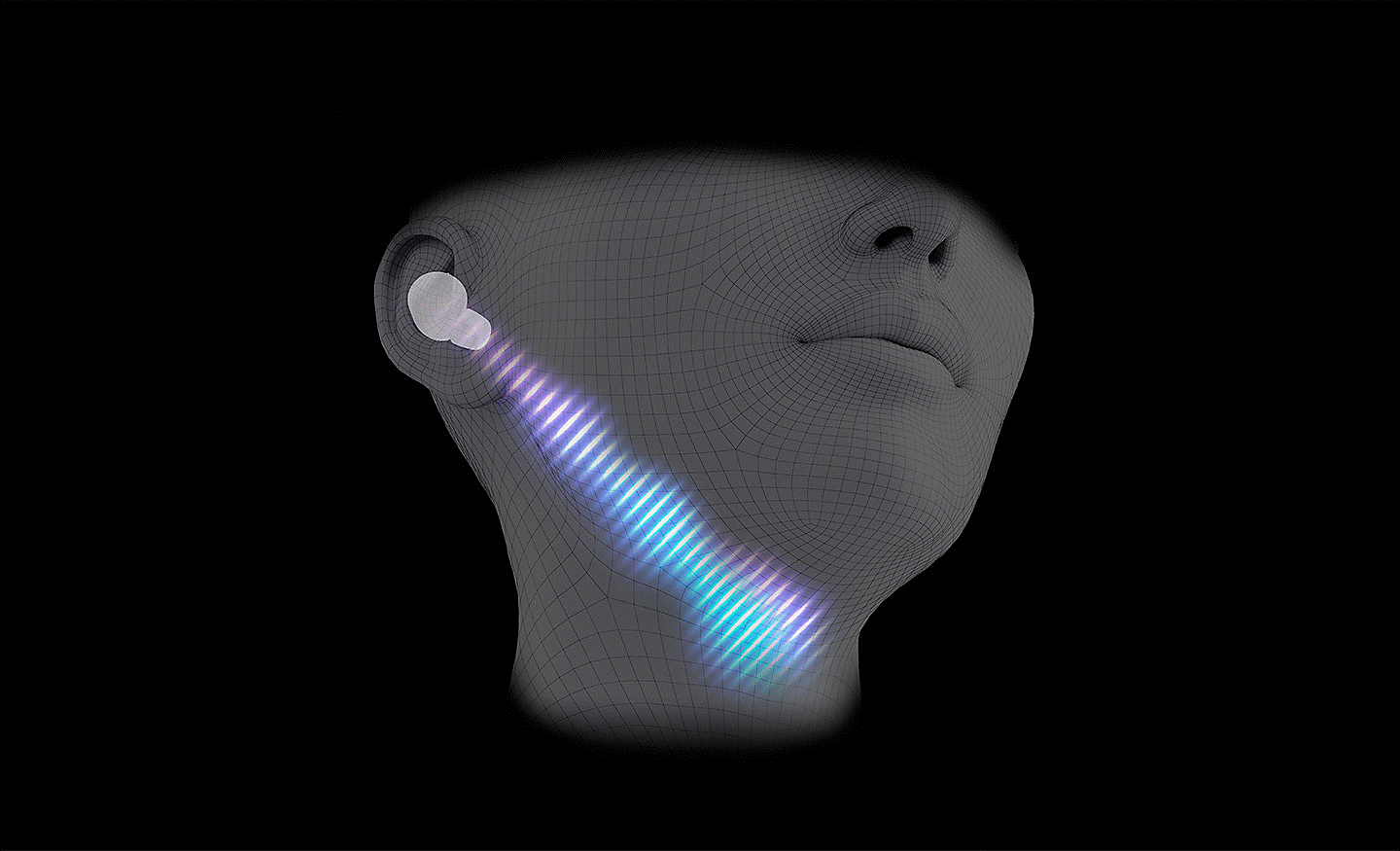 Računalno generirana slika glave sa slušalicama u ušima i dijagonalnim linijama zvučnog vala od uha do grla