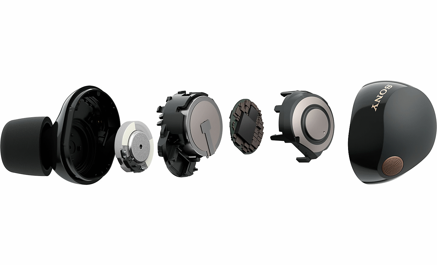 Zdjęcie słuchawek WF-1000XM5 rozłożonych na części, z poszczególnymi elementami jeden przy drugim