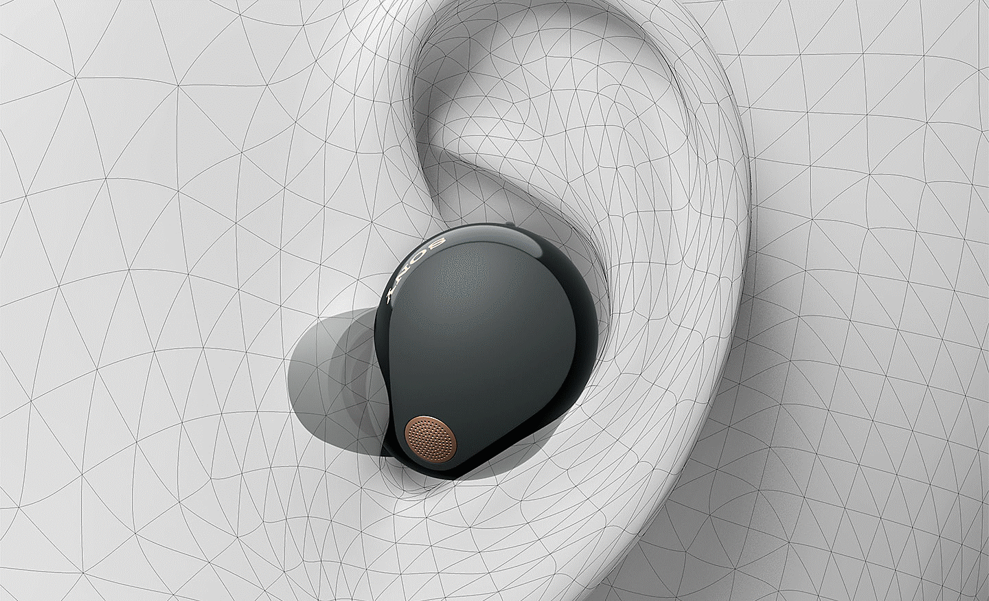 Image of the WF-1000XM5 headphone sitting inside a 3-D drawing of an ear