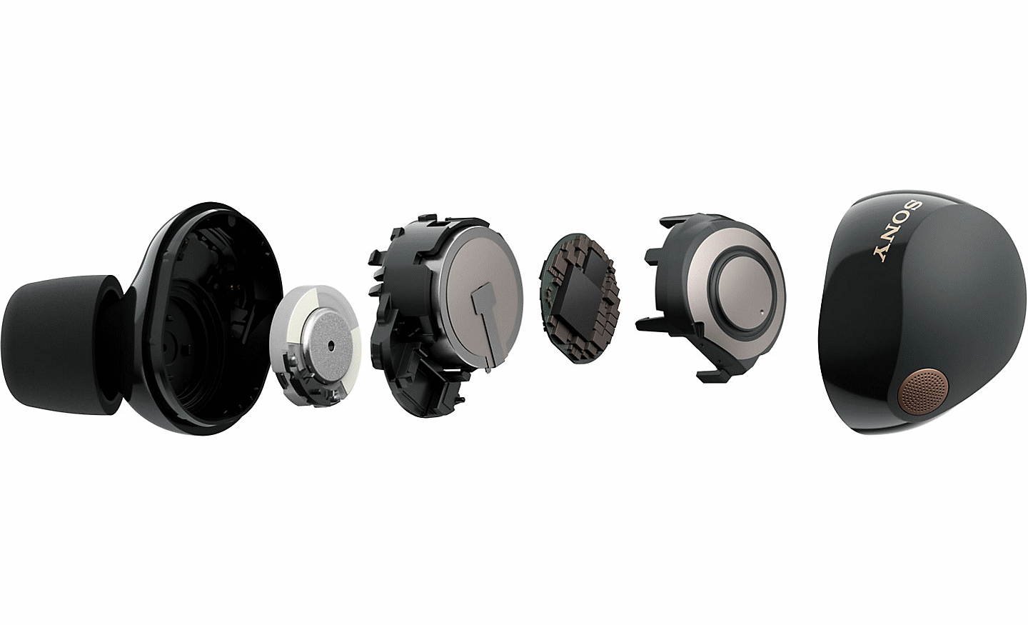 Snímek sluchátek WF-1000XM5 s vnitřními součástmi rozdělenými na jednotlivé kusy umístěné vedle sebe