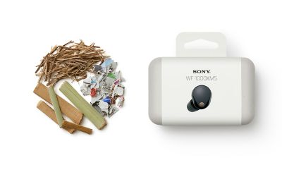 Image of a range of materials on the left and packaged WF-1000MX5 headphones on the right