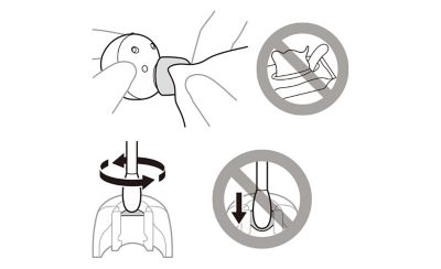 Image of wiping and cleaning the tip with a cotton bud next to images with lines through of wipes and a bud with a down arrow