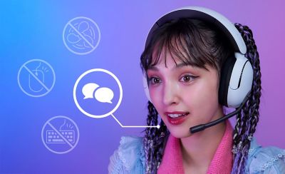 Abbildung zur Darstellung, wie INZONE H5 Hintergrundgeräusche ausschaltet, damit die Stimme der Gamerin deutlich hörbar ist